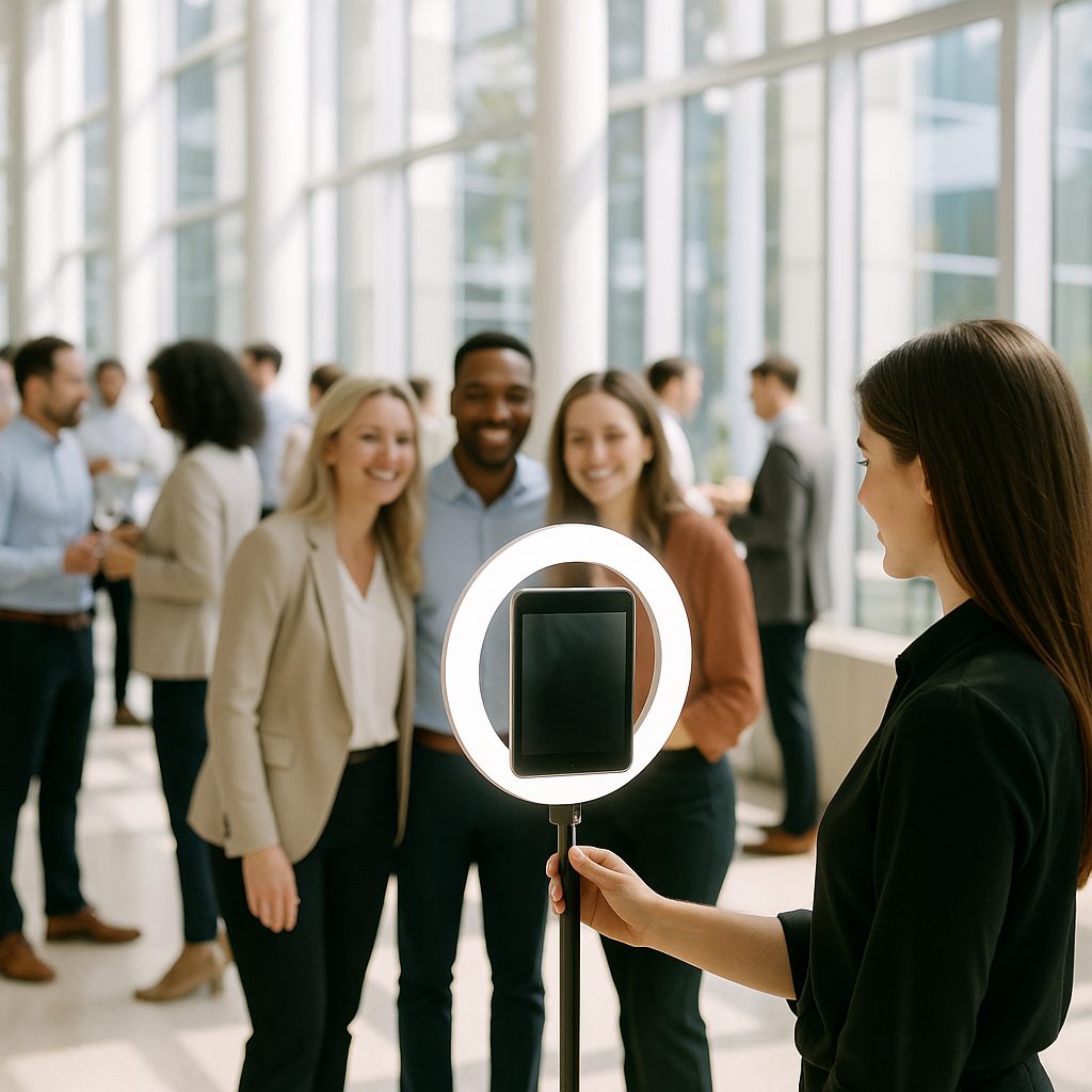 Roaming ring-light booth at a daytime corporate event