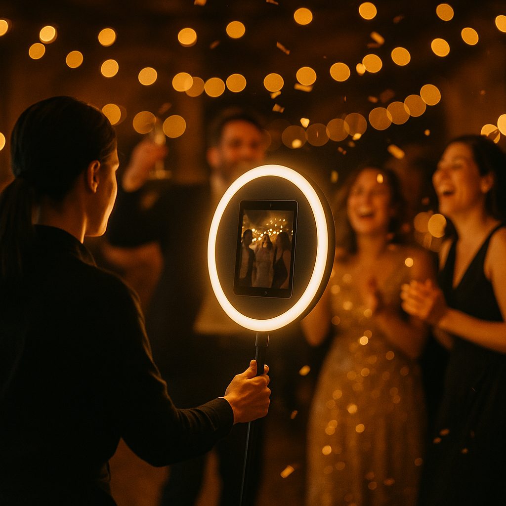 Attendant roaming a party with the ring-light booth