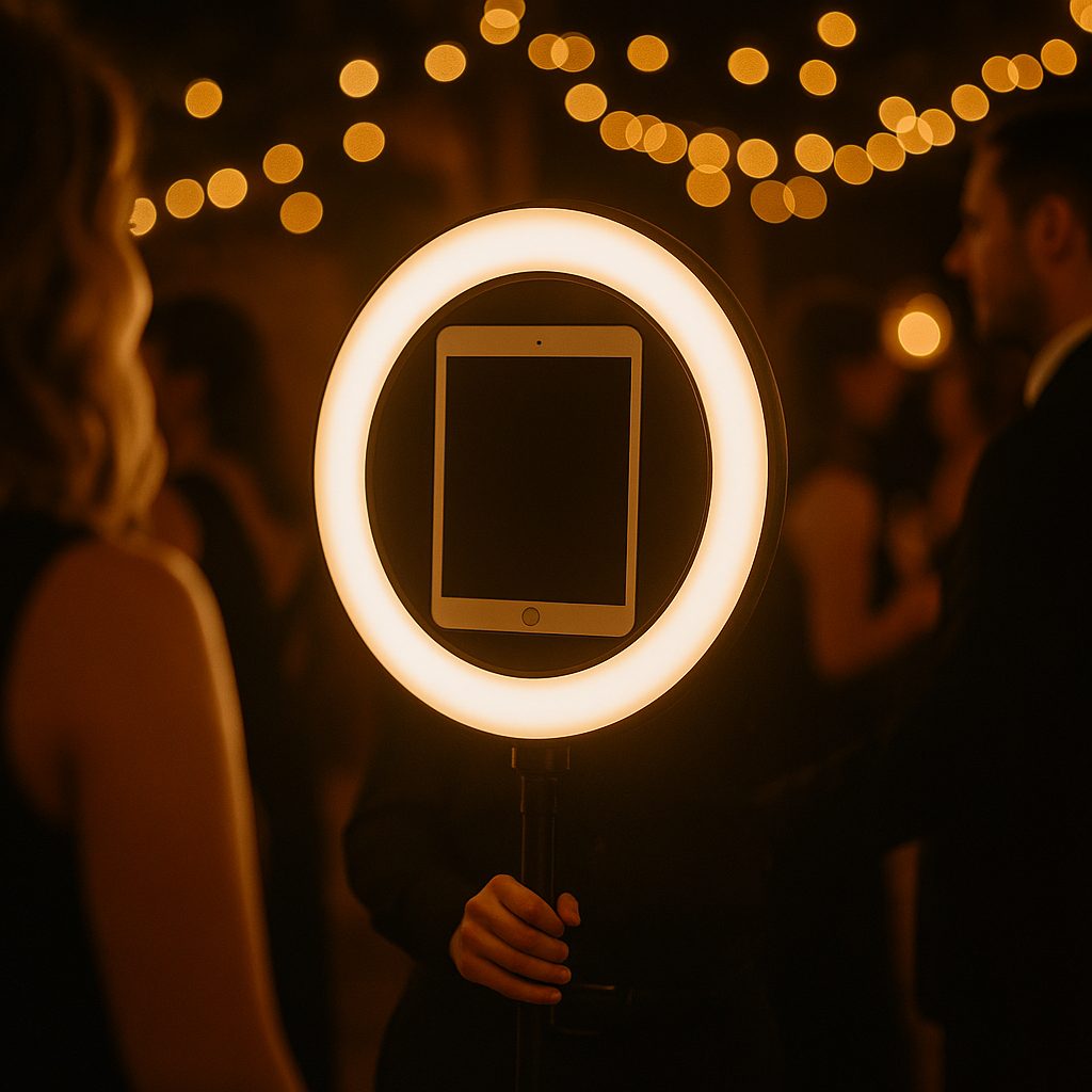 Close-up of the glowing ring-light photo booth